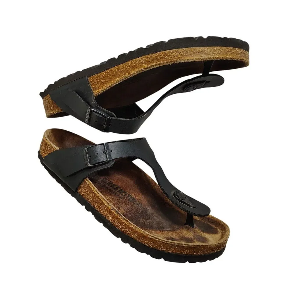 Birkenstock Gizeh Black Leather Sandals Size 39 (US 8–8.5) Cork Footbed Thong - Picture 4 of 8